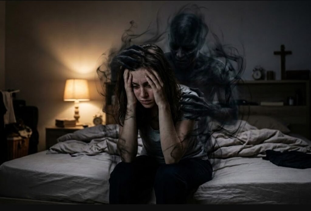 Entenda o que é quiumba, egum e obcessor. mulher jovem sentada em uma cama, expressando desespero e angústia, enquanto a sombra escura e esfumaçada de um espírito obsessor paira atrás dela